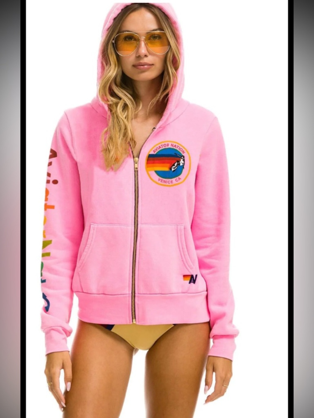 Aviator Nation  neon Pink Zip unisex Hoodie with Rainbow print  in large . - Picture 4 of 12